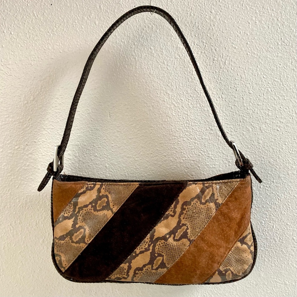 Cache Animal Print Handbag w/Suede Patchwork in Brown Tones Zip Closure